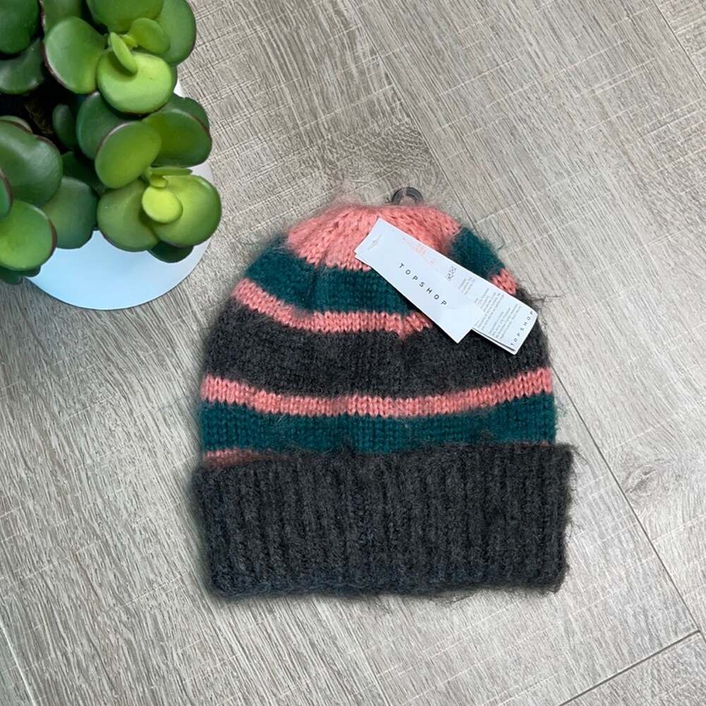 NWT TOPSHOP Pink Gray Teal Striped Beanie
